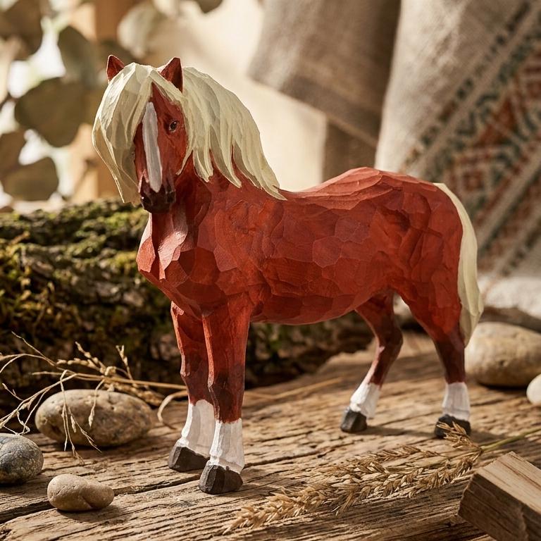 Whimsical Chestnut Horse Figurine, Hand-Carved Wood Animal Statue, Rustic Farmhouse Nursery Decor, Unique Equestrian Gift Idea
