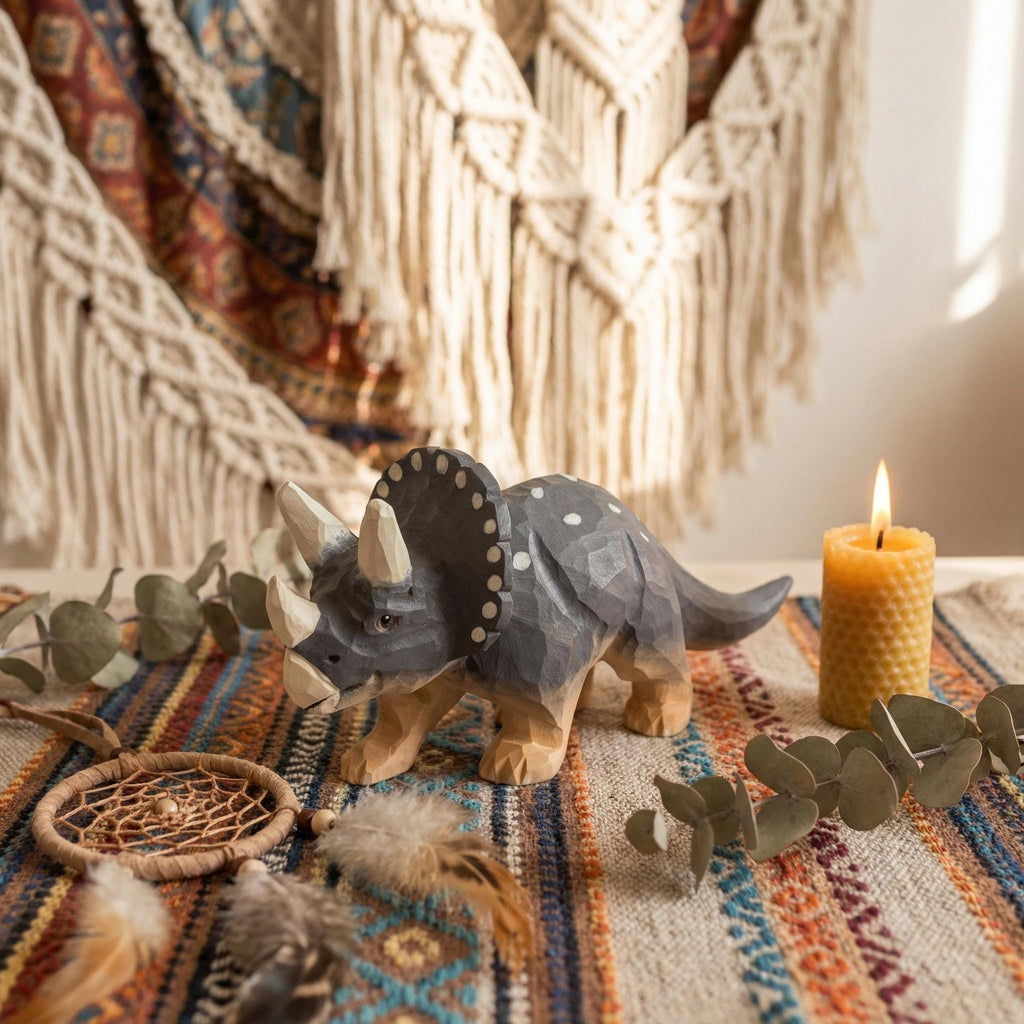 Hand Carved Wooden Triceratops Figurine, Rustic Nursery Art, Woodland Dinosaur Decor