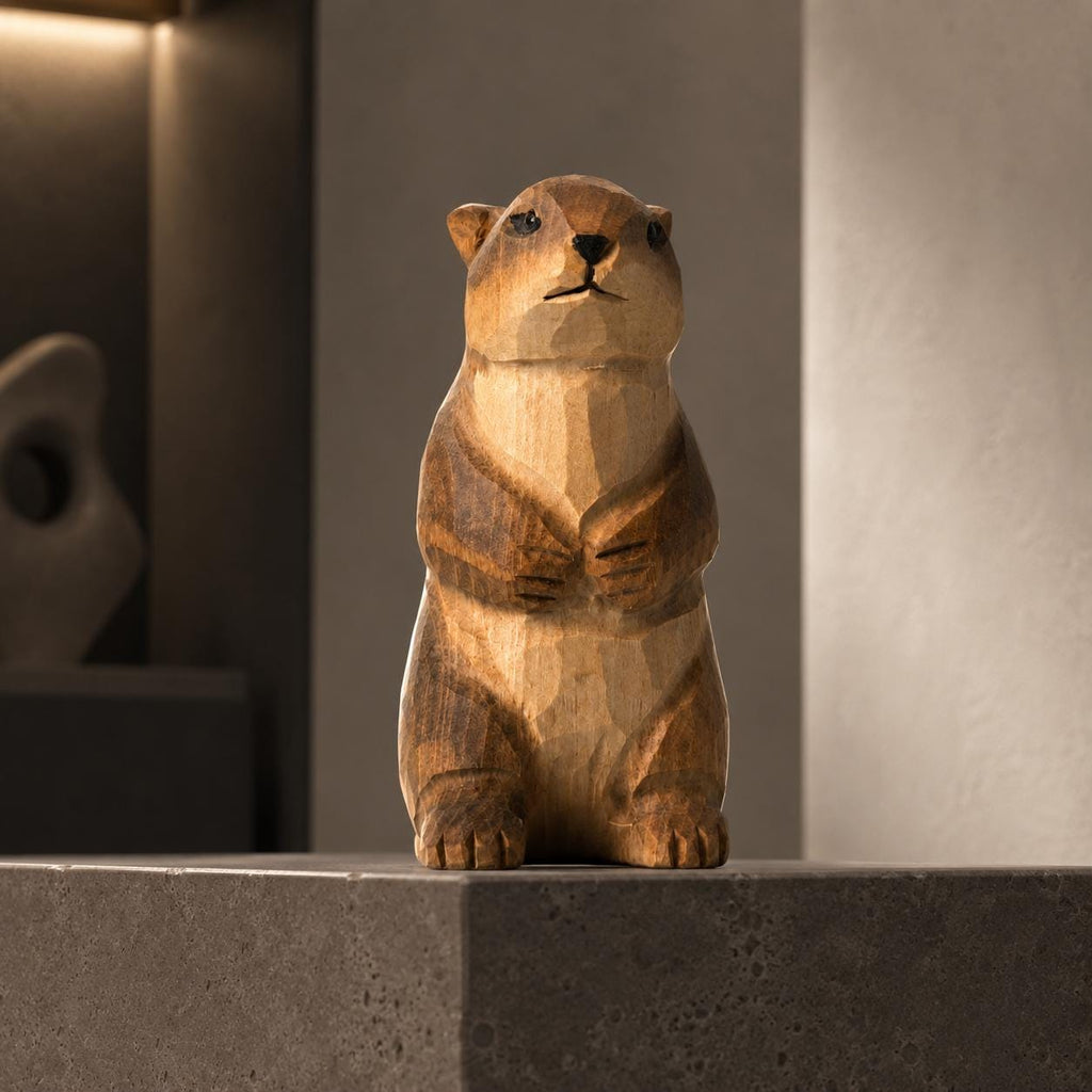 Whimsical Wooden Groundhog Statue Hand Carved Animal Figurine Woodland Nursery Decor Cute Wood Marmot Gift for Nature Lover