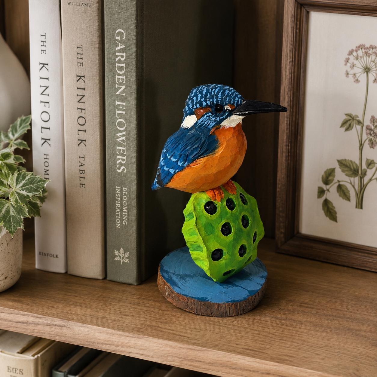 Vibrant Hand-Carved Wooden Kingfisher Figurine Lotus Pod Sculpture Nature Decor Bird Lover Gift