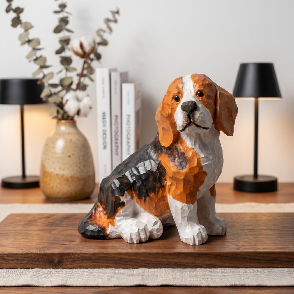 Hand Carved Wooden Beagle Figurine, Rustic Dog Lover Decor, Wood Dog Sculpture, Pet Memorial Gift, Handmade Dog Statue For Desk Shelf