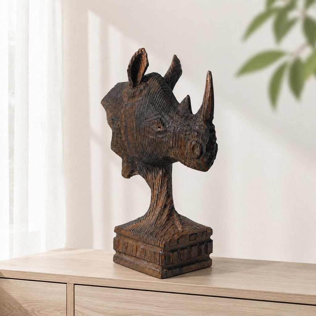 Majestic Wooden Rhino Bust Hand Carved Animal Sculpture Rustic Safari Desk Decor Unique Wildlife Lover Gift for Him