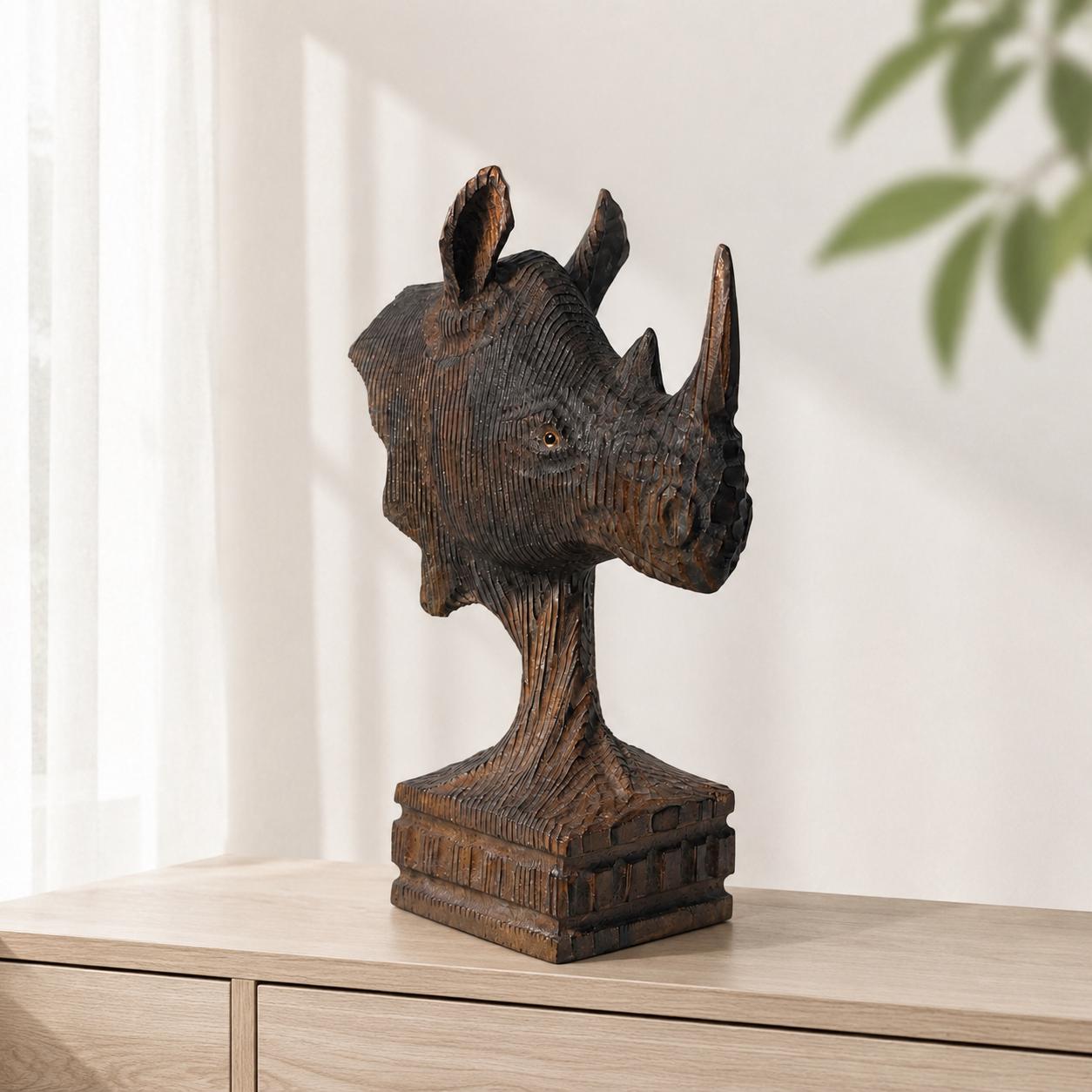 Majestic Wooden Rhino Bust Hand Carved Animal Sculpture Rustic Safari Desk Decor Unique Wildlife Lover Gift for Him