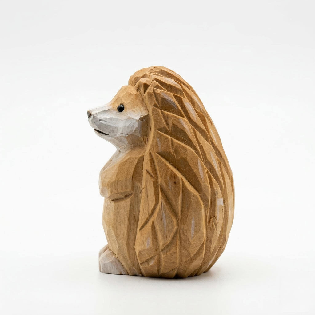 Hand Carved Wooden Hedgehog Figurine, Grumpy Woodland Animal Decor, Whimsical Desk Pet, Rustic Shelf Sitter, Unique Gift for Nature Lover
