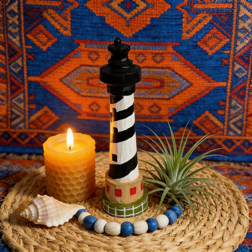 Rustic Hand-Carved Wooden Lighthouse Black and White Nautical Coastal Decor Unique Beach Lover Gift Ocean Theme Nursery Accent