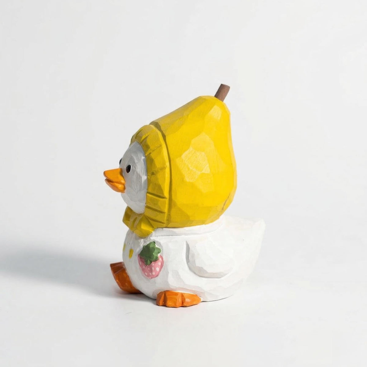 Whimsical Hand-Carved Wooden Duckling in Pear Hat Figurine - Cute Fruit Animal Wood Carving - Housewarming Gift for Duck Lovers