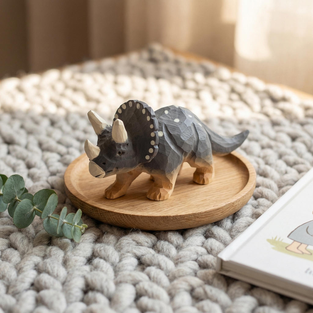 Hand Carved Wooden Triceratops Figurine, Rustic Nursery Art, Woodland Dinosaur Decor