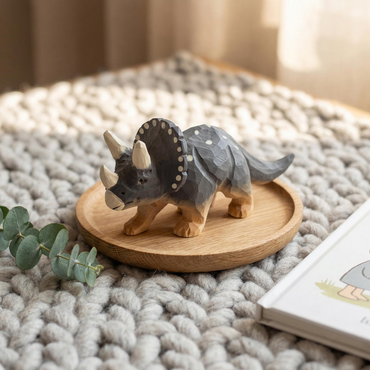 Hand Carved Wooden Triceratops Figurine, Rustic Nursery Art, Woodland Dinosaur Decor
