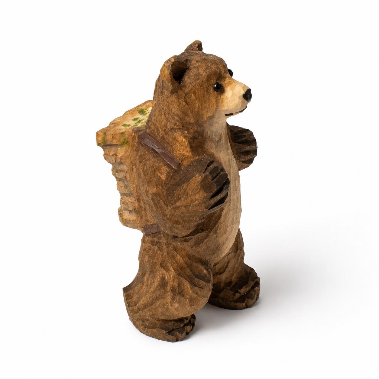 Hand-Carved Wooden Bear with Backpack Figurine | Whimsical Forest Hiker Decor | Cute Wood Animal Sculpture | Nature Lover Gift