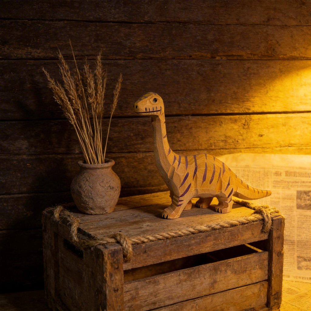 Hand Carved Wooden Brontosaurus Figurine Striped Dinosaur Nursery Decor Whimsical Desk Accessory Unique Birthday Gift for Dino Lover