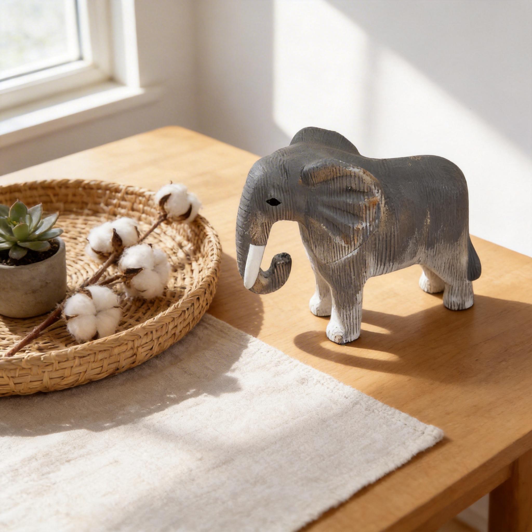 Hand-Carved Wooden Elephant Figurine – Rustic Boho Nursery Decor, Shelf Sitter