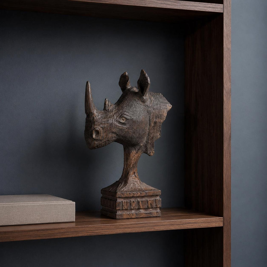 Majestic Wooden Rhino Bust Hand Carved Animal Sculpture Rustic Safari Desk Decor Unique Wildlife Lover Gift for Him