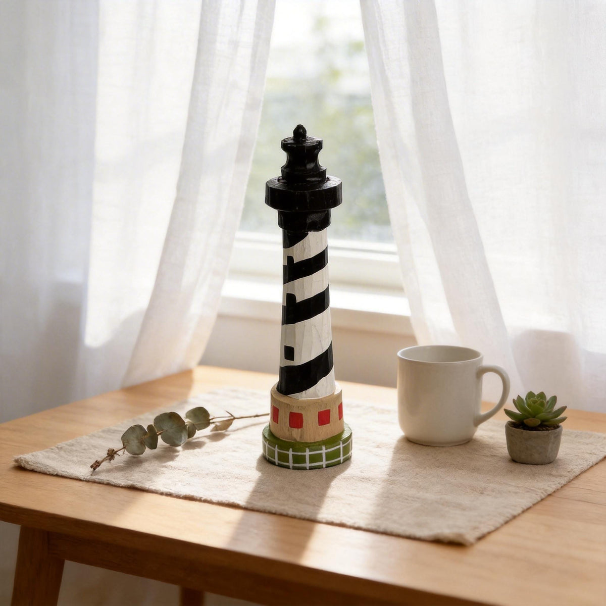 Rustic Hand-Carved Wooden Lighthouse Black and White Nautical Coastal Decor Unique Beach Lover Gift Ocean Theme Nursery Accent