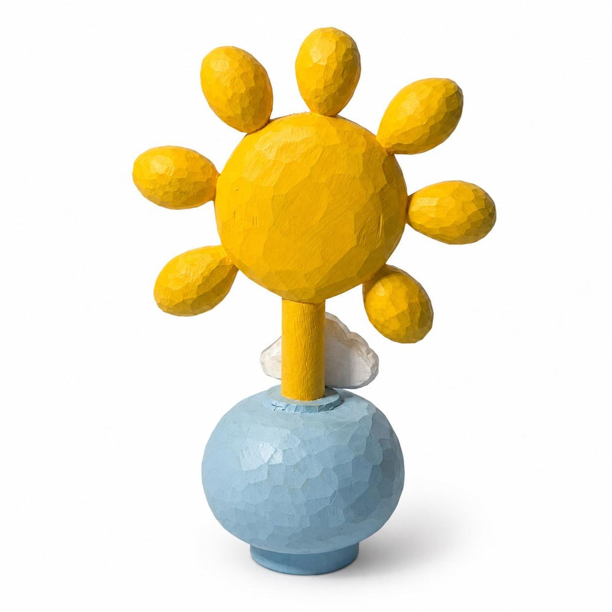 Hand Carved Wooden Sun Figurine, Smiley Sun on Blue Globe, Cheerful Yellow Sun Sculpture, Fun Kids Room Decor, Unique Sunshine Gift