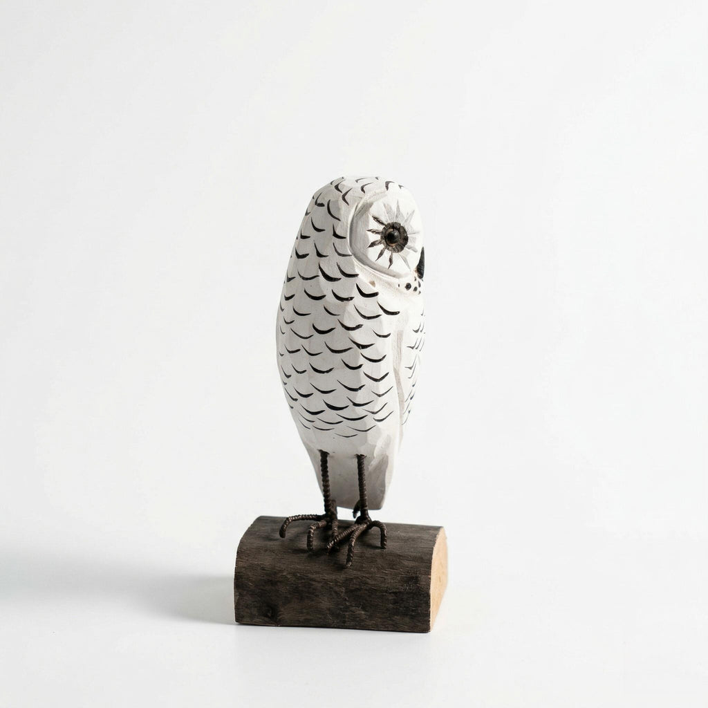Hand Carved Wooden Snowy Owl Figurine, Rustic Woodland Bird Decor, Miniature Wood Animal Sculpture, Unique Gift for Bird Lovers Nature Fan