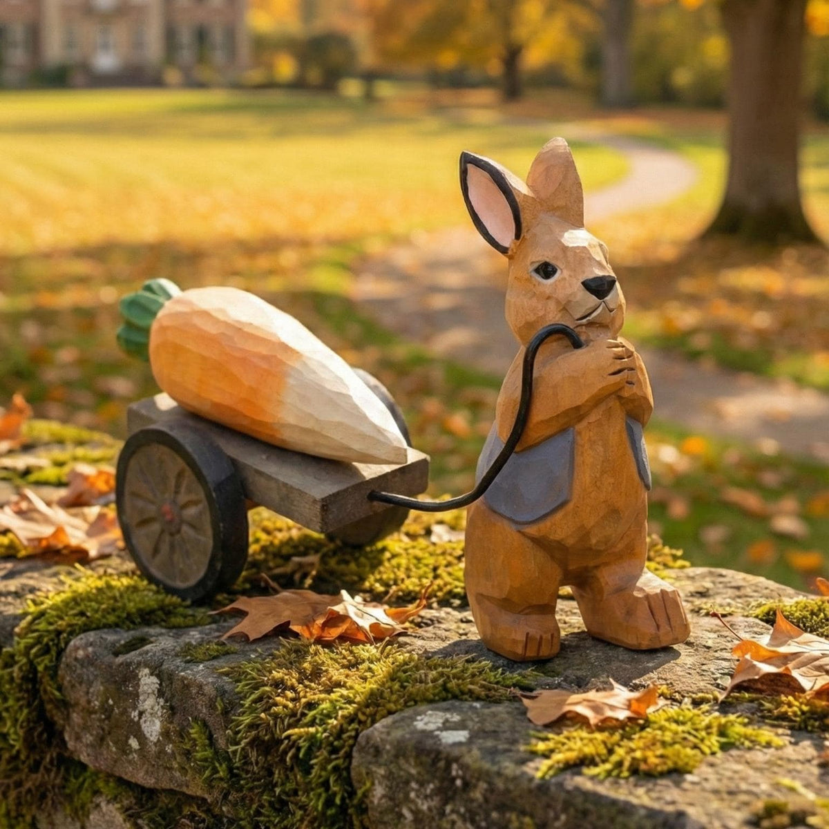 Handmade Wooden Rabbit Figurine, Bunny Pulling Wagon, Easter Decor, Gardener Gift, Spring Animal Art