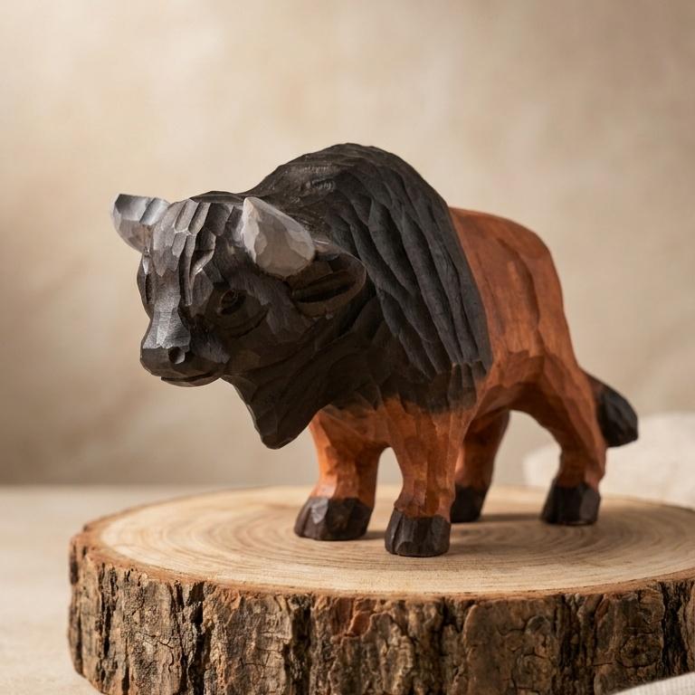 Rustic Wooden Bison Carving Handmade Animal Sculpture Western Room Decor Nature Lover Gift for Dad
