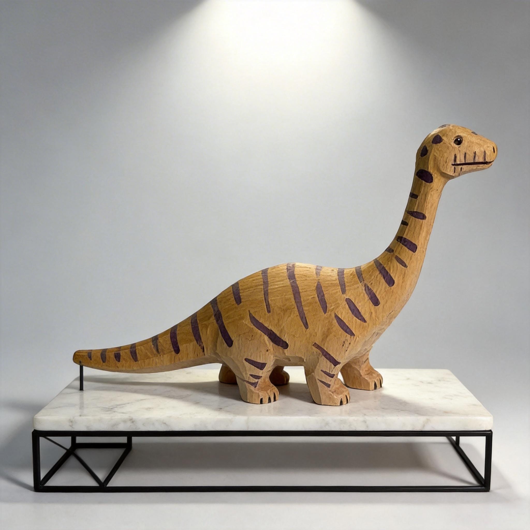 Hand Carved Wooden Brontosaurus Figurine Striped Dinosaur Nursery Decor Whimsical Desk Accessory Unique Birthday Gift for Dino Lover