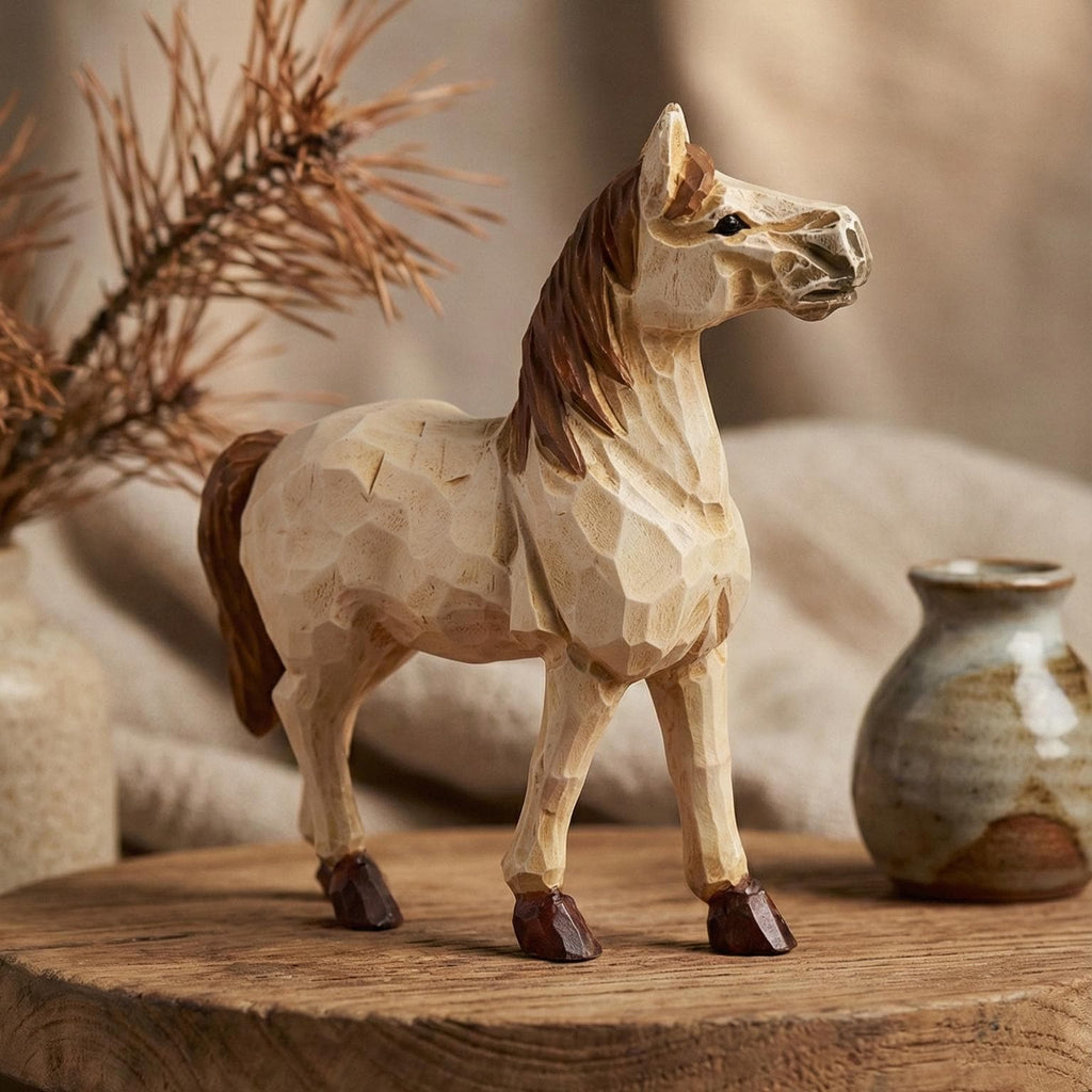 Whimsical Hand-Carved Wooden Horse Figurine, Rustic Equine Statue, Geometric Animal Art, Farmhouse Decor, Horse Lover Gift Idea