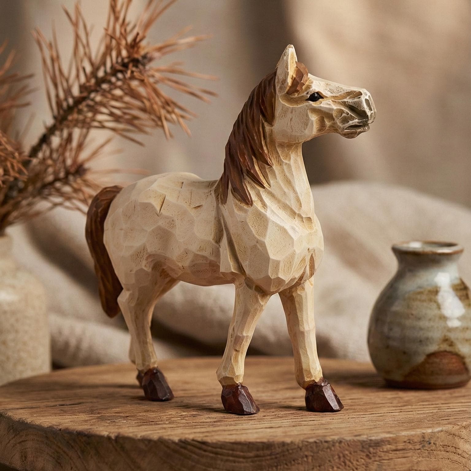 Whimsical Hand-Carved Wooden Horse Figurine, Rustic Equine Statue, Geometric Animal Art, Farmhouse Decor, Horse Lover Gift Idea