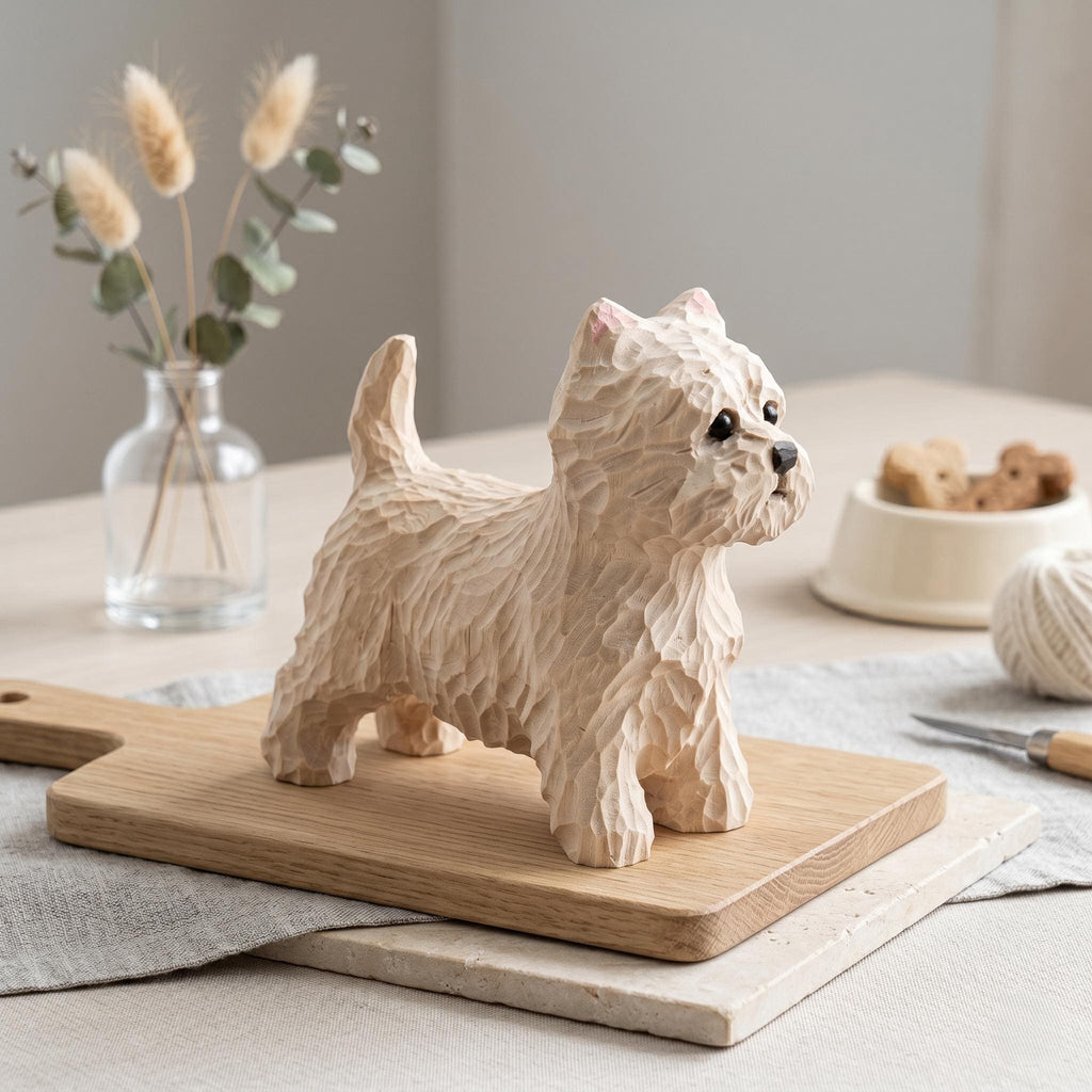 Hand Carved Wooden Westie Figurine, Rustic White Terrier Dog Sculpture, Folk Art Pet Memorial Gift for Dog Lovers, Desk Decor