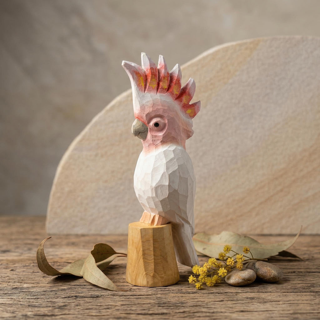 Hand-Carved Wooden Galah Cockatoo Figurine, Whimsical Pink Parrot Statue, Tropical Bird Lover Gift, Unique Nursery Decor