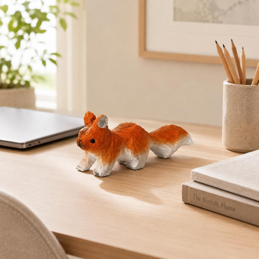 Playful Red Squirrel Wood Carving Rustic Forest Animal Figurine Handcrafted Nature Lover Decor Unique Woodland Gift for Kids