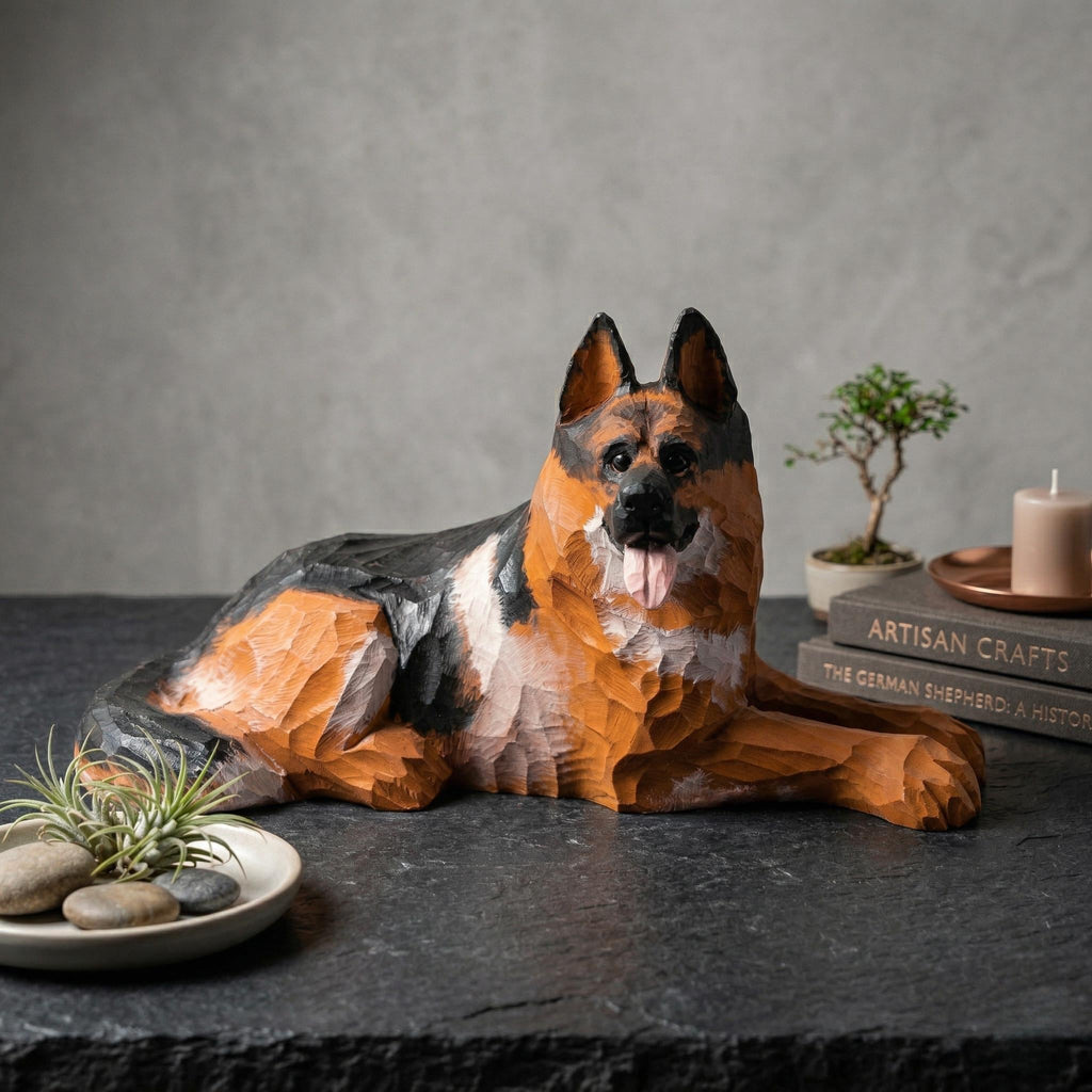 Rustic Hand-Carved Wooden German Shepherd Figurine | Dog Statue Home Decor | Pet Memorial Keepsake | Unique Gift for Dog Lovers