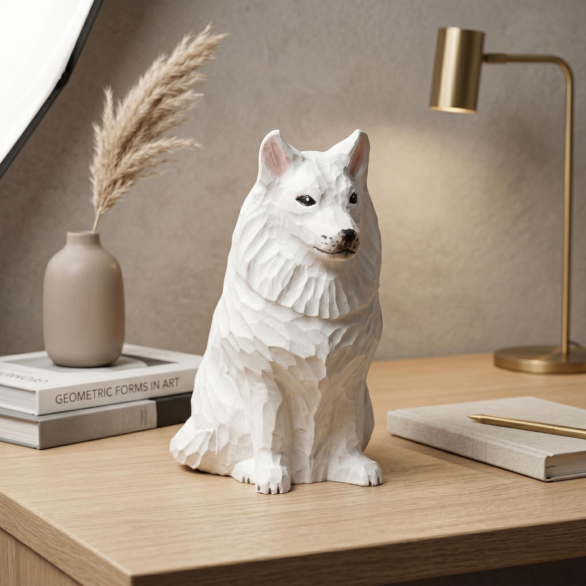 Sweet Hand Carved Wooden Samoyed Dog, Minimalist White Pet Figurine, Rustic Animal Art Sculpture, Thoughtful Dog Lover Gift Memorial