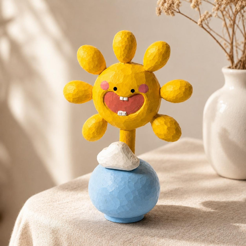 Hand Carved Wooden Sun Figurine, Smiley Sun on Blue Globe, Cheerful Yellow Sun Sculpture, Fun Kids Room Decor, Unique Sunshine Gift