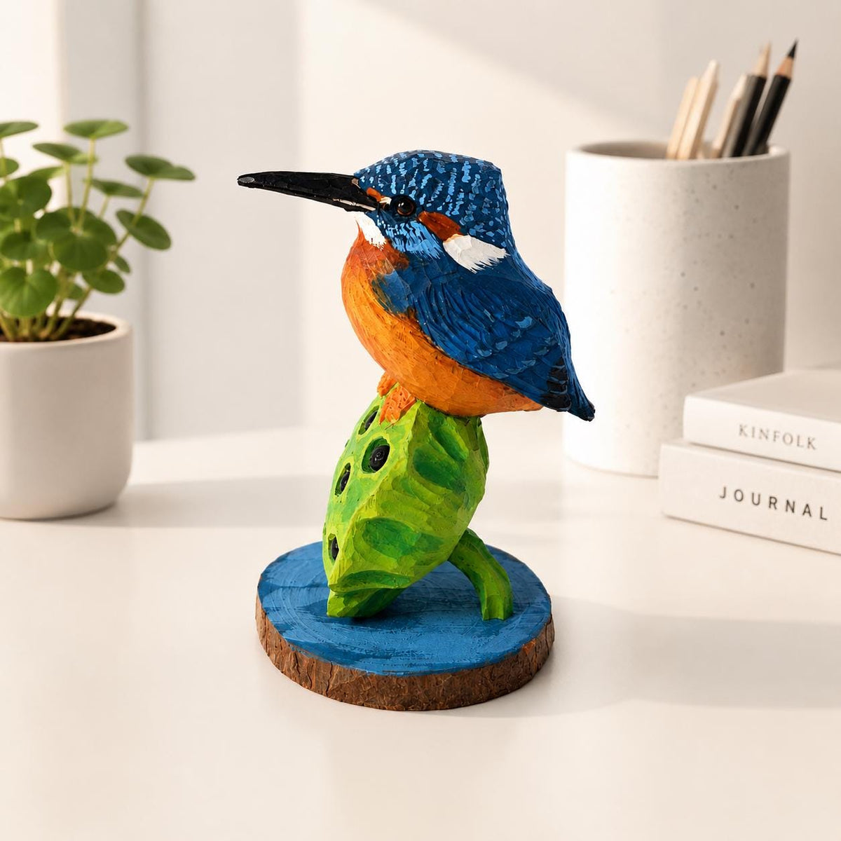 Vibrant Hand-Carved Wooden Kingfisher Figurine Lotus Pod Sculpture Nature Decor Bird Lover Gift