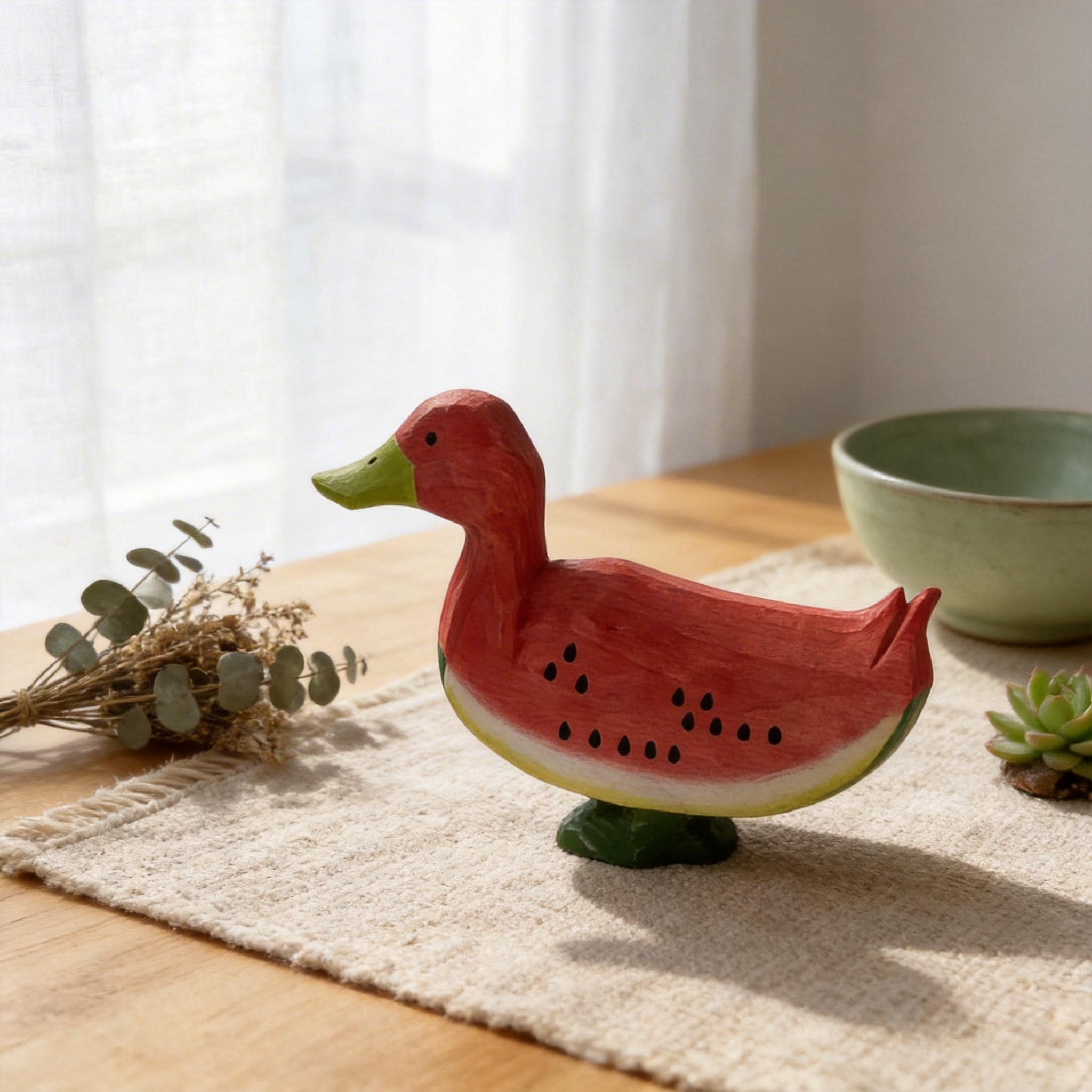 Whimsical Wooden Watermelon Duck Figurine | Hand Carved Wood Bird Sculpture | Summer Tropical Decor | Unique Gift for Animal Lovers