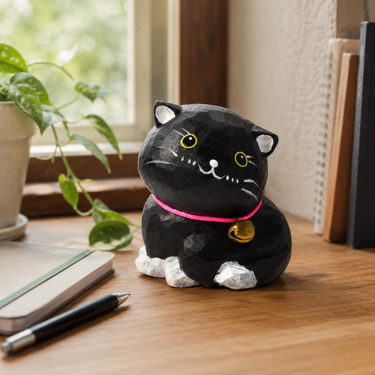 Whimsical Black Cat Wood Carving, Wooden Tuxedo Kitten Figurine, Hand Carved Pet Decor, Cute Desk Pet, Cat Lover Gift Idea