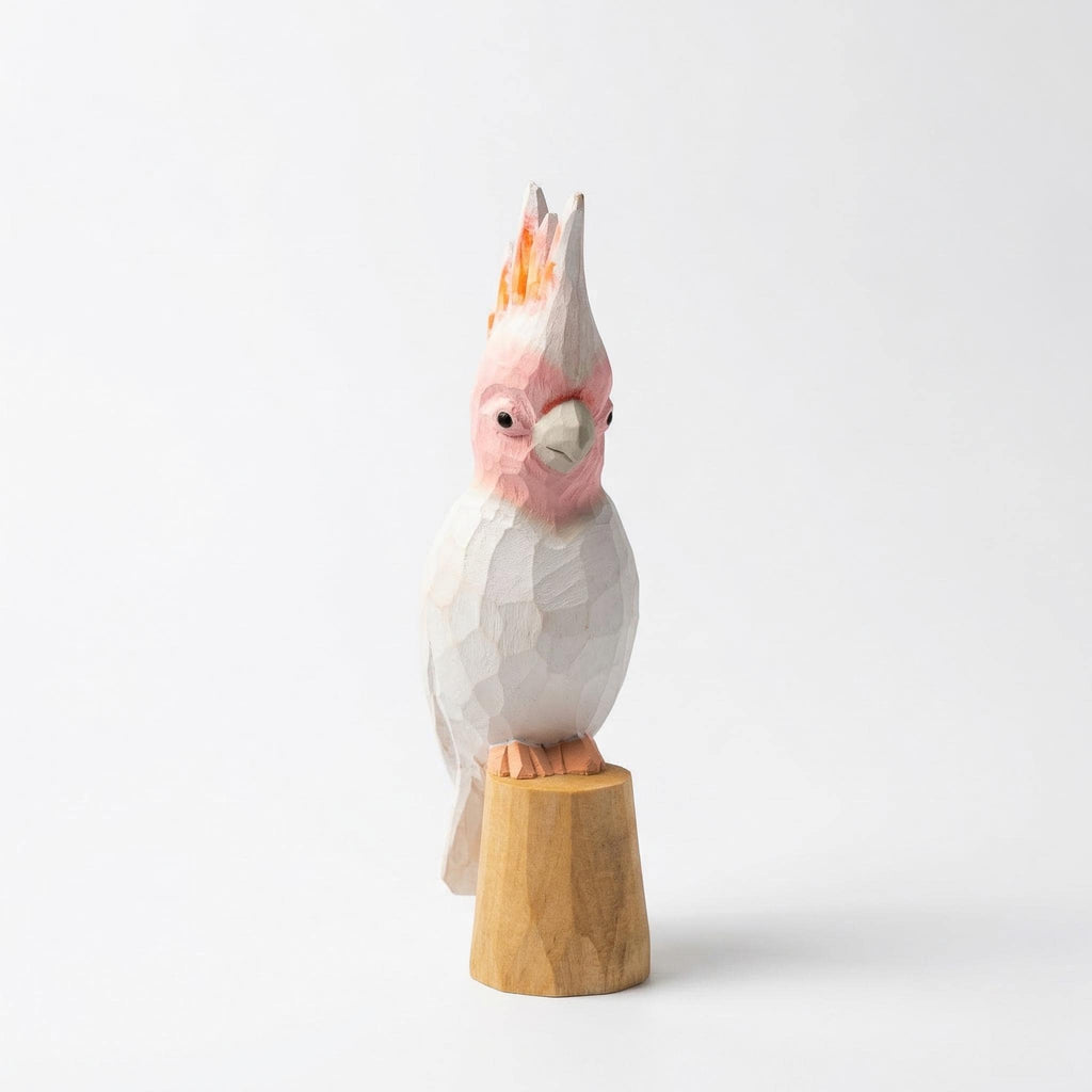 Hand-Carved Wooden Galah Cockatoo Figurine, Whimsical Pink Parrot Statue, Tropical Bird Lover Gift, Unique Nursery Decor