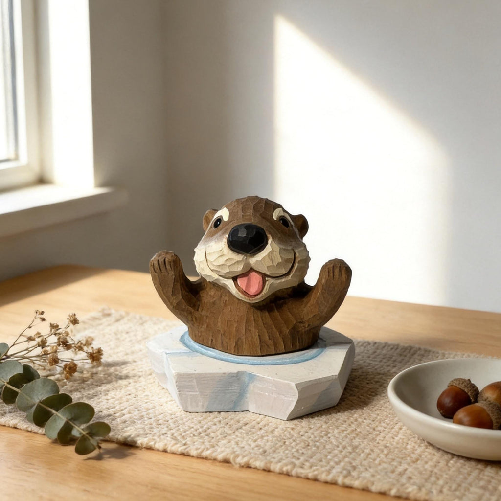 Joyful Wooden Sea Otter Hand Carved Animal Sculpture Coastal Desk Decor Cute Woodland Nursery Art Unique Gift for Animal Lovers