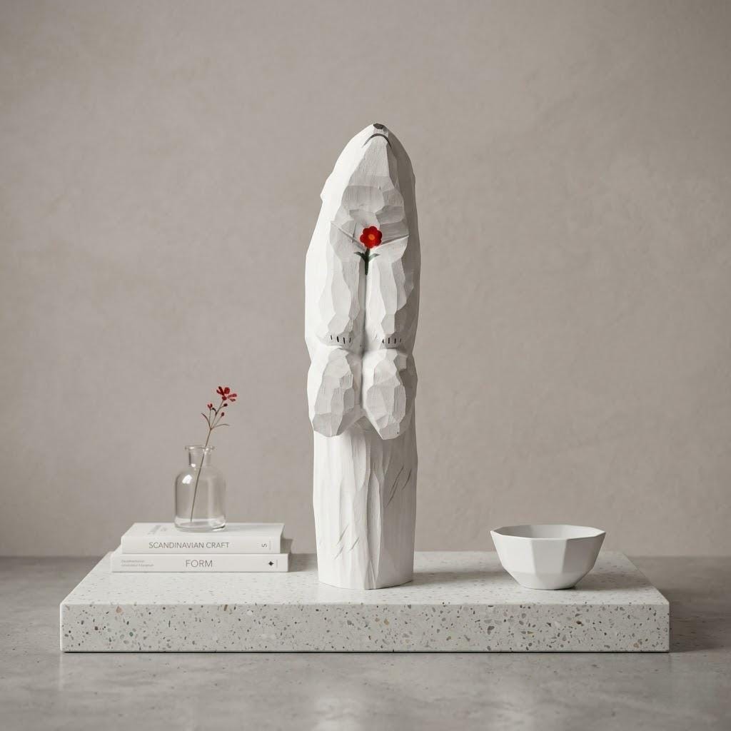 Whimsical Wooden Polar Bear Figurine Hand Carved Animal Statue With Red Flower Romantic Anniversary Gift For Nature Lovers
