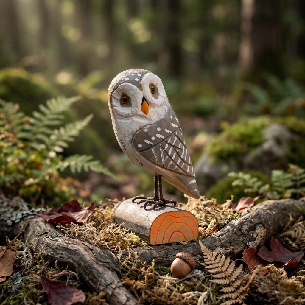Hand-Carved Wooden Owl Figurine | Rustic Log Woodland Bird Shelf Decor