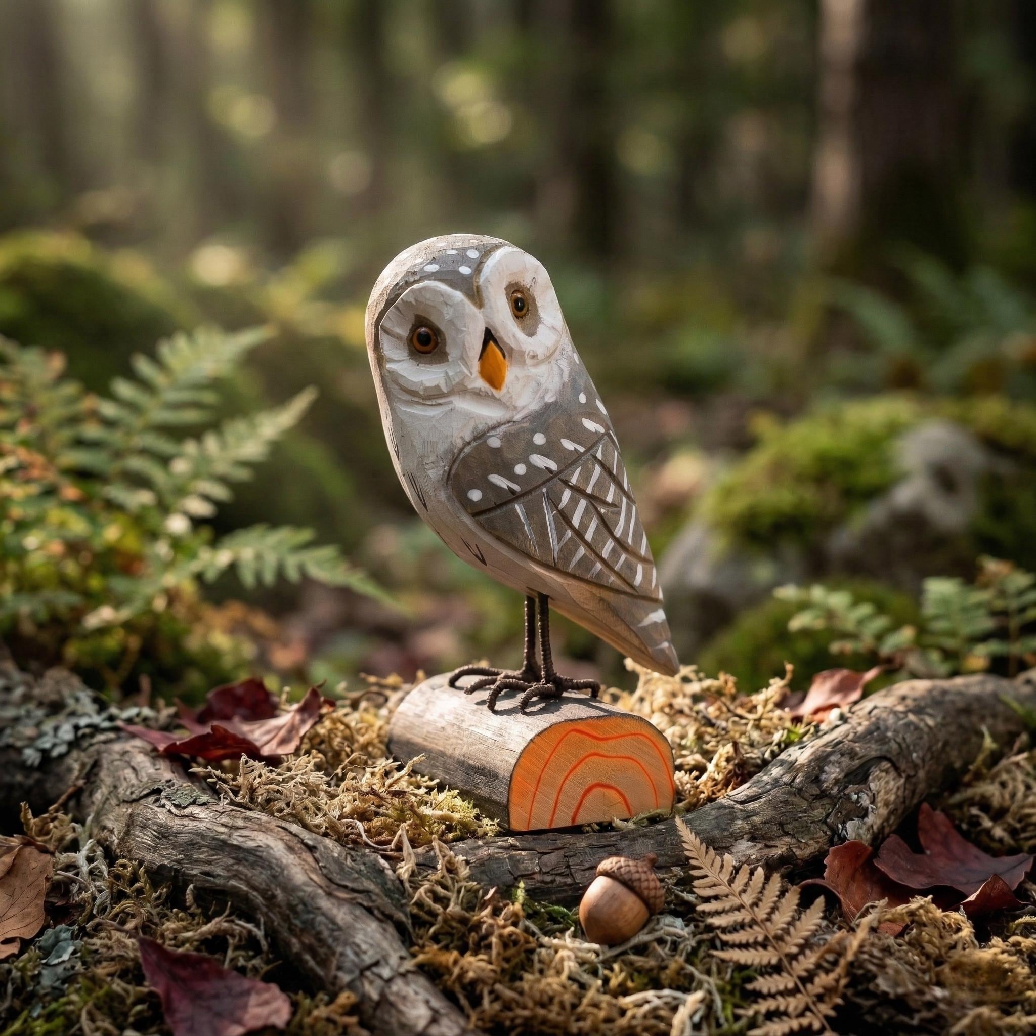 Hand-Carved Wooden Owl Figurine | Rustic Log Woodland Bird Shelf Decor
