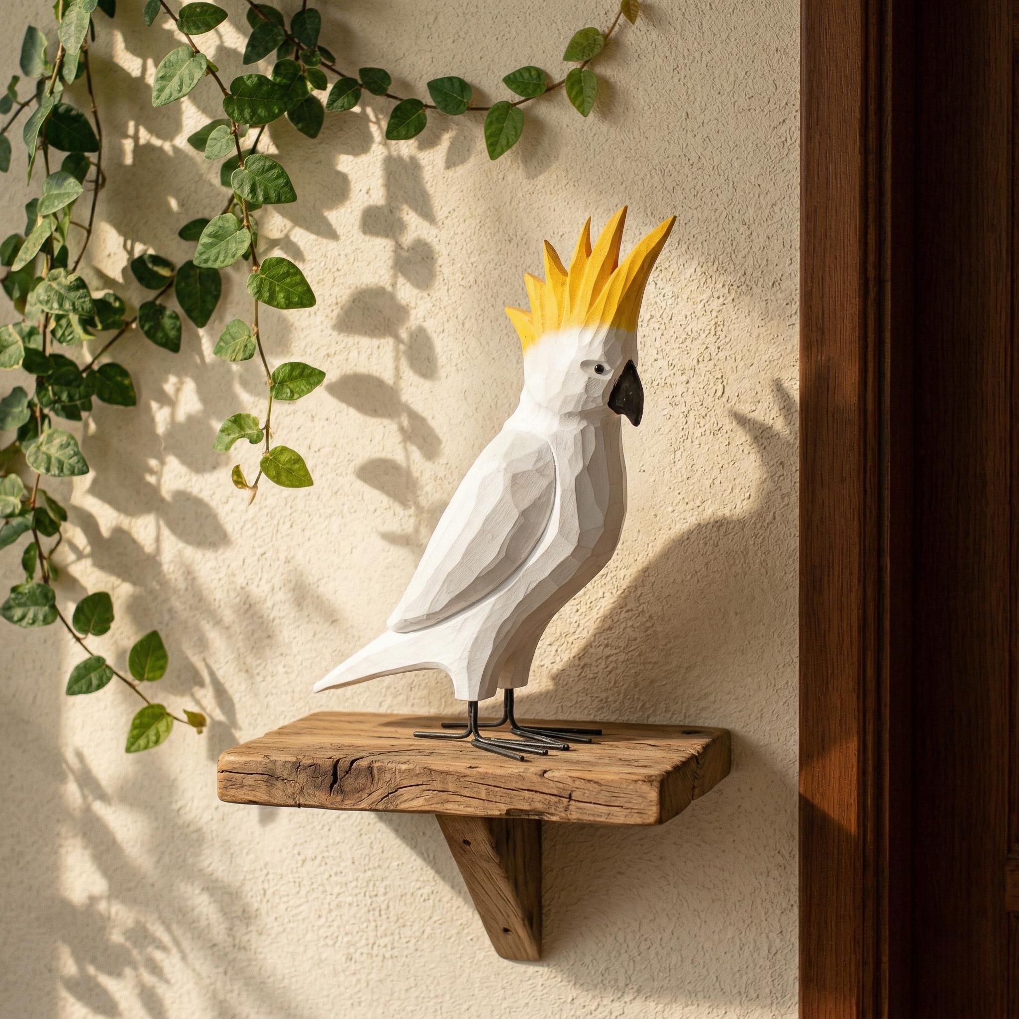 Whimsical Hand-Carved Wooden Cockatoo Figurine | Geometric Tropical Bird Sculpture | Modern Coastal Decor | Unique Gift for Bird Lovers