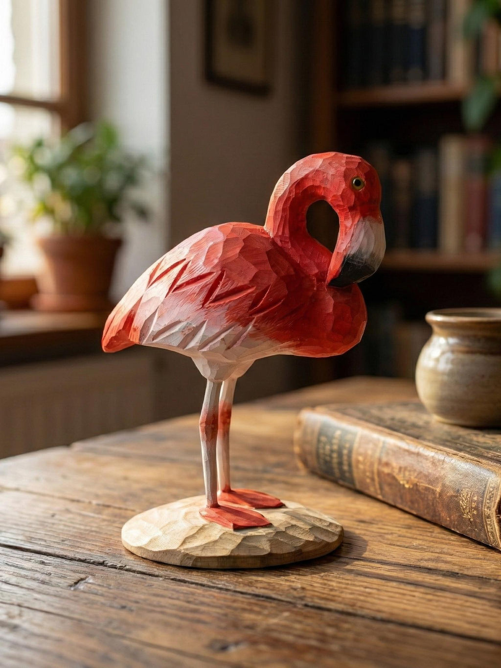 Wooden Flamingo Statue, Tropical Beach House Decor,  Gift for Bird Watchers, Rainforest Themed Decor