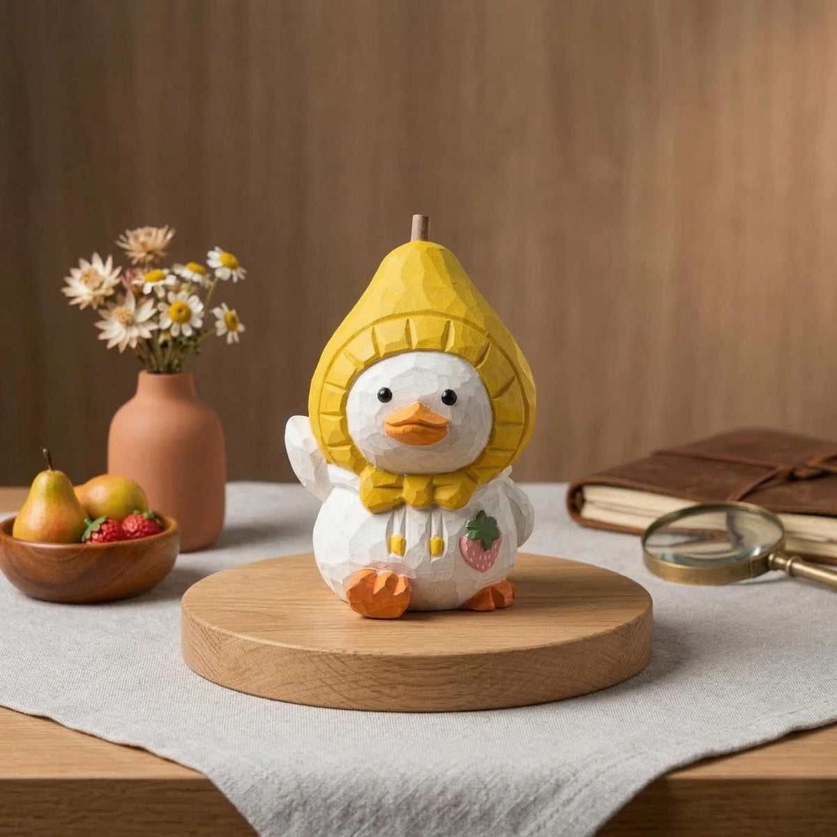 Whimsical Hand-Carved Wooden Duckling in Pear Hat Figurine - Cute Fruit Animal Wood Carving - Housewarming Gift for Duck Lovers
