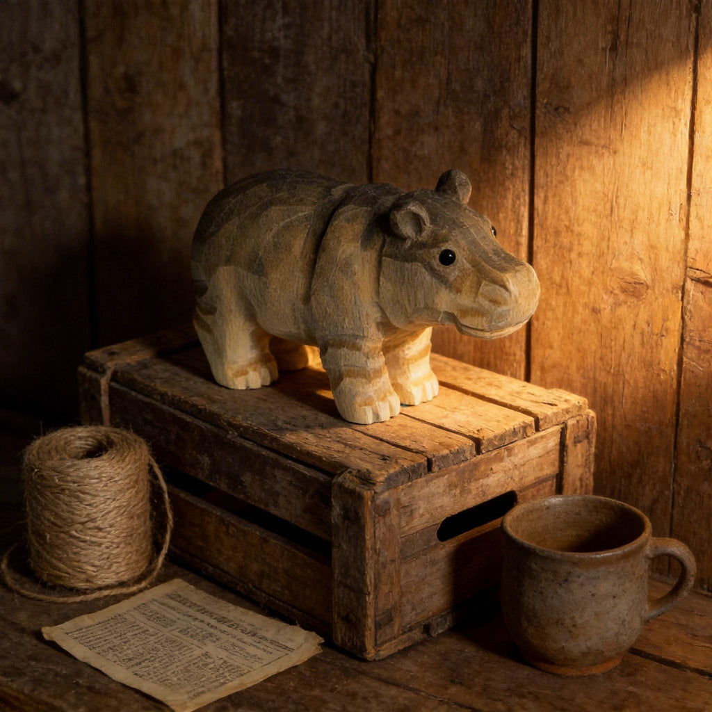 Hand Carved Wooden Hippo Sculpture | Rustic Safari Nursery Decor