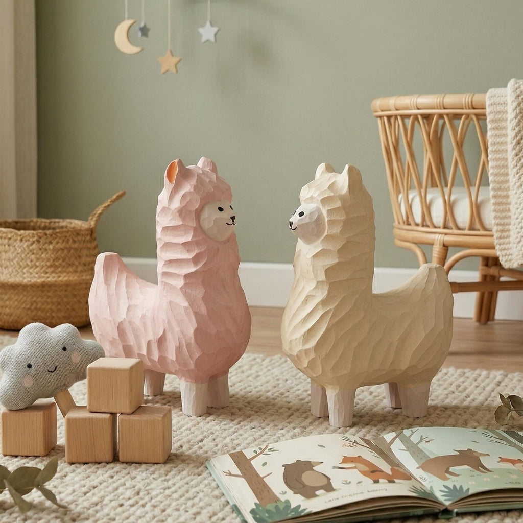 Whimsical Wooden Alpaca Couple Hand Carved Llama Figurines Pastel Nursery Decor Unique Animal Lover Gift Desk Pet Wood Anniversary Present