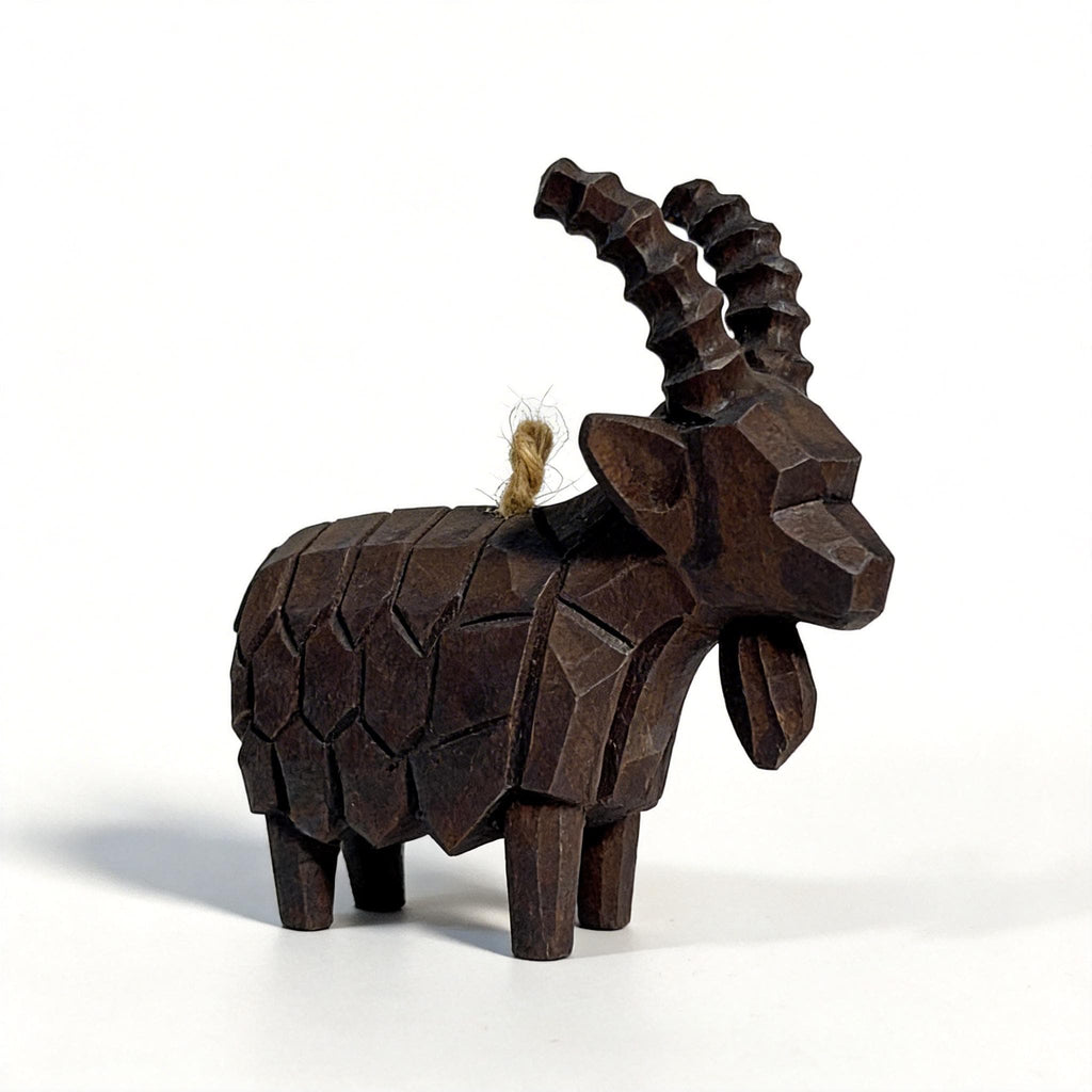Rustic Geometric Wood Goat Figurine | Hand Carved Mountain Ibex Statue | Farmhouse Shelf Decor | Unique Wooden Animal Lover Gift
