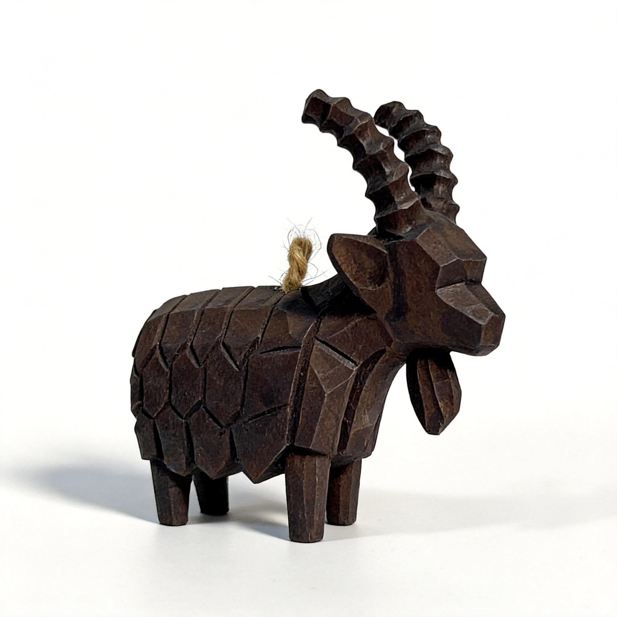 Rustic Geometric Wood Goat Figurine | Hand Carved Mountain Ibex Statue | Farmhouse Shelf Decor | Unique Wooden Animal Lover Gift