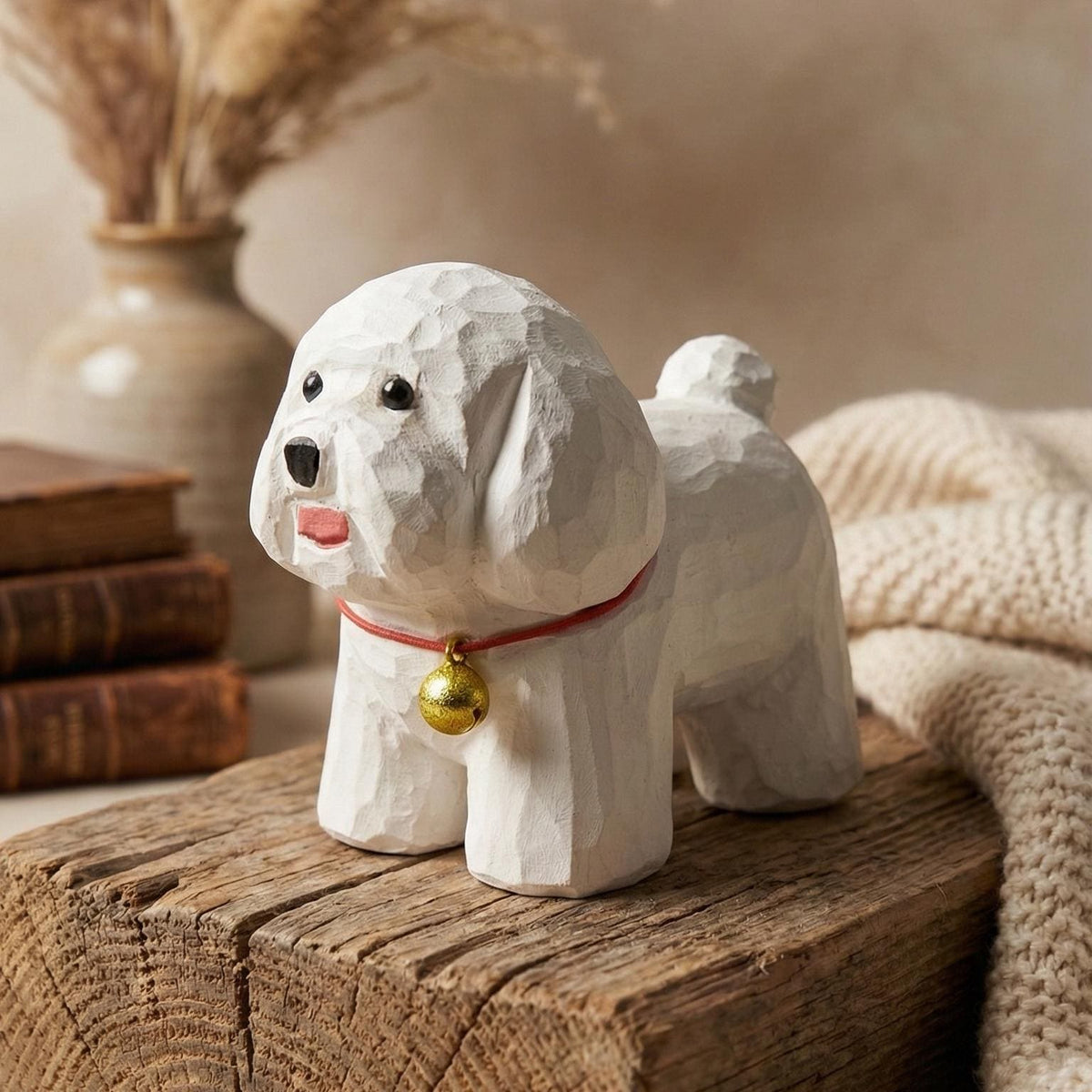 Hand Carved White Bichon Frise Wood Figurine, Cute Poodle Dog Statue with Gold Bell, Rustic Wooden Puppy Decor, Pet Lover Gift