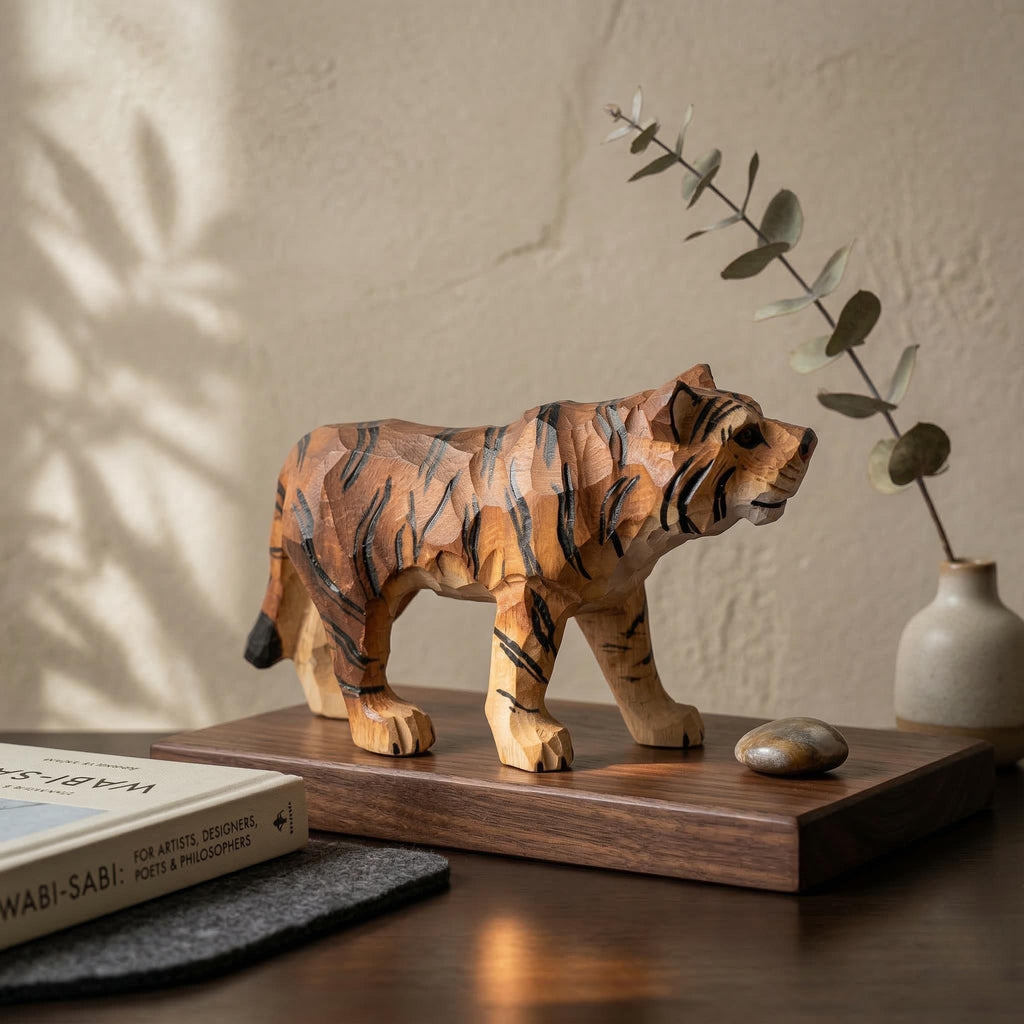 Hand Carved Wooden Tiger Figurine, Rustic Animal Sculpture, Safari Nursery Decor, Wood Art Statue, Personalized Lunar New Year Gift Idea