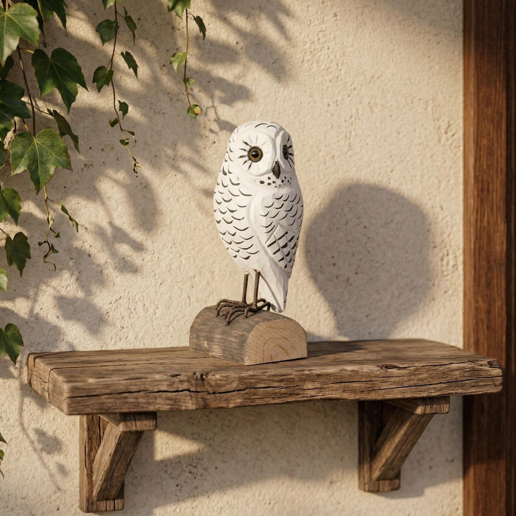 Hand Carved Wooden Snowy Owl Figurine, Rustic Woodland Bird Decor, Miniature Wood Animal Sculpture, Unique Gift for Bird Lovers Nature Fan