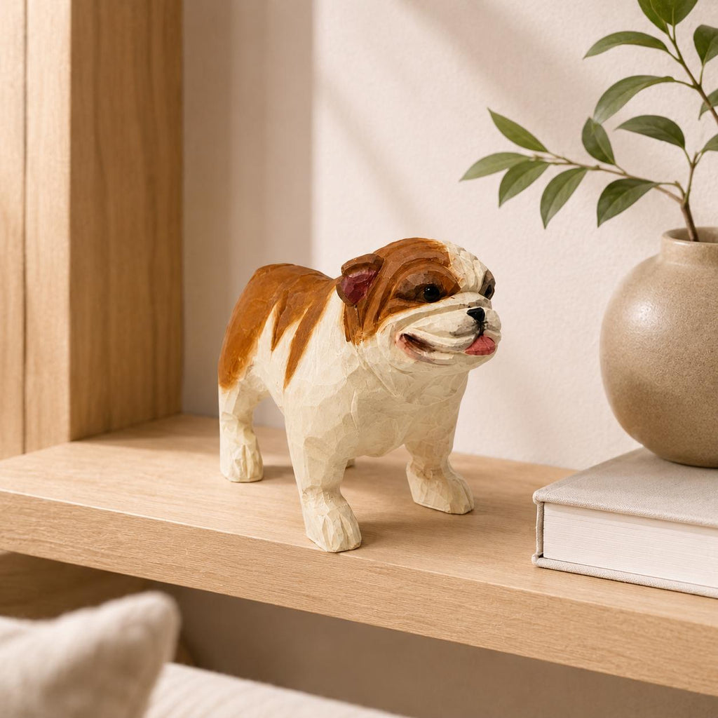 Hand-Carved Wooden Bulldog Figurine | Whimsical British Bulldog Sculpture | Chunky Desk Pet Decor | Dog Lover Gift Idea