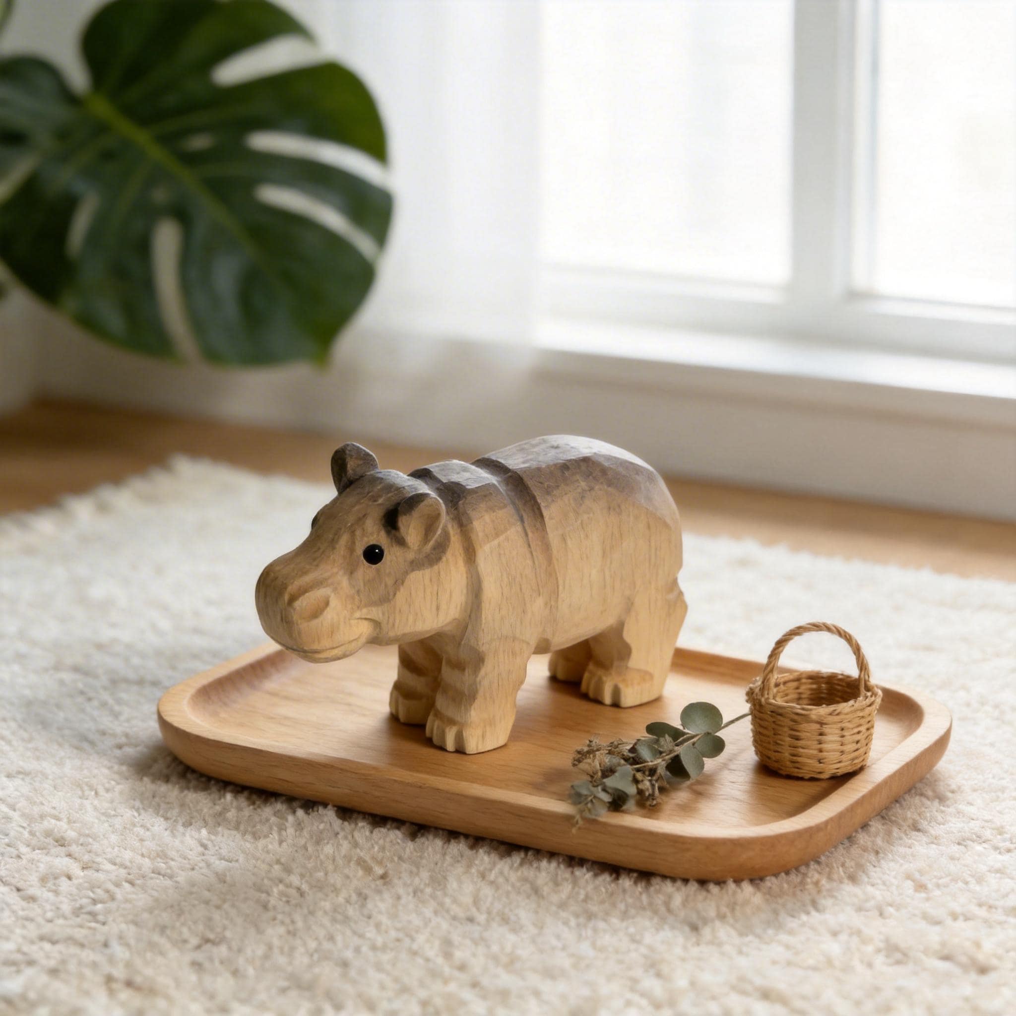 Hand Carved Wooden Hippo Sculpture | Rustic Safari Nursery Decor